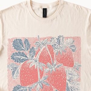 Strawberry Botanical Graphic Tee Vintage Woodcut Style Natural